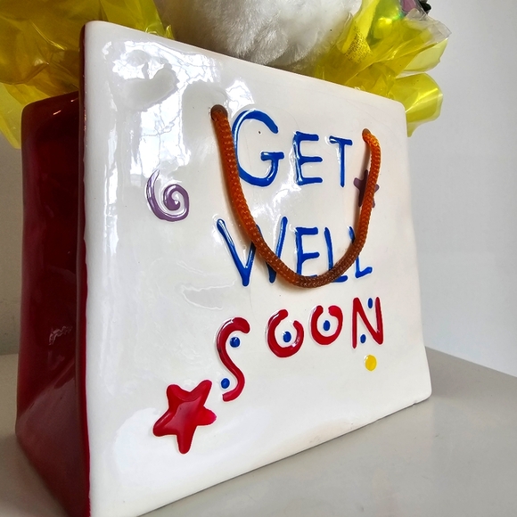 Ceramic Tote Plush Bear Baloons "Get Well Soon", AmeriChoice Since 1987 - Picture 3 of 10